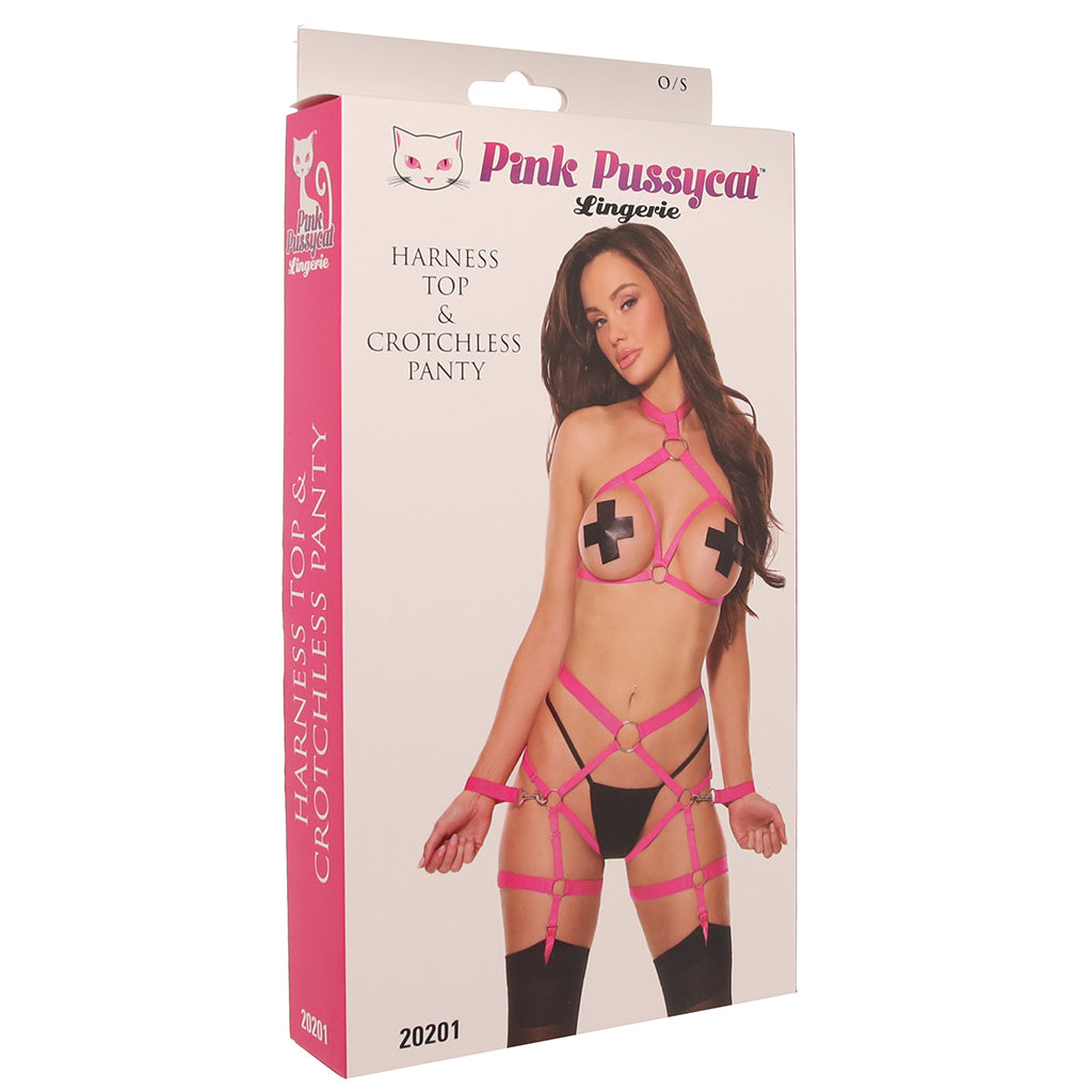 Pink Pussycat Harness Top & Crotchless Panties Set — Heaven Boutique Winnipeg 9