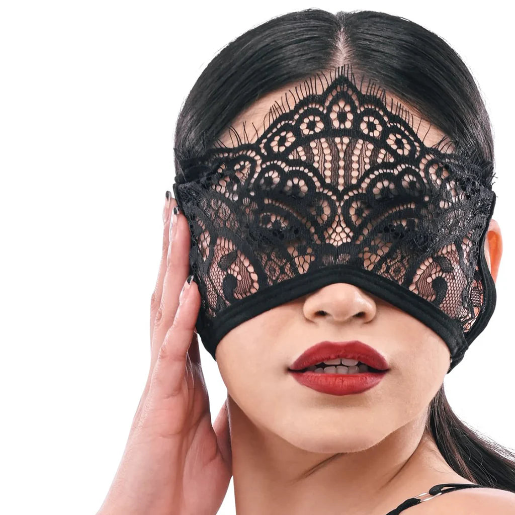 S&M Veiled Vision Lace Blindfold – Heaven Boutique Winnipeg – side view