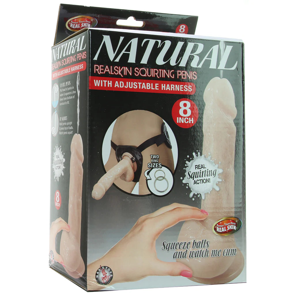 Natural Realskin 8 Inch Squirting Cock & Harness in Vanilla — buy in Winnipeg | Heaven Boutique