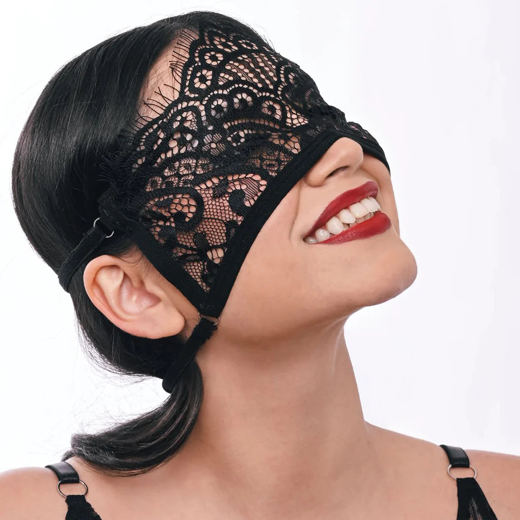S&M Veiled Vision Lace Blindfold – Winnipeg adult shop – in use view