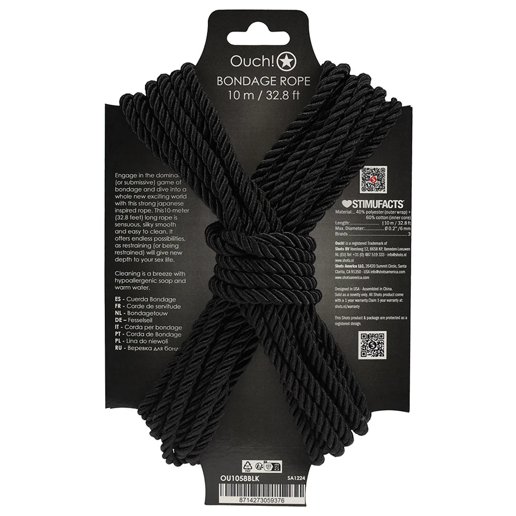 Ouch! 32.8'/10m Bondage Rope in Black – Winnipeg adult store – close-up view
