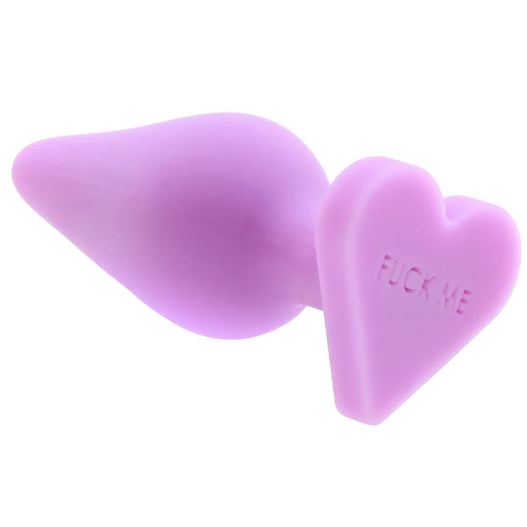 Candy Hearts F**k Me Medium Butt Plug in Purple – Winnipeg adult store – close-up view