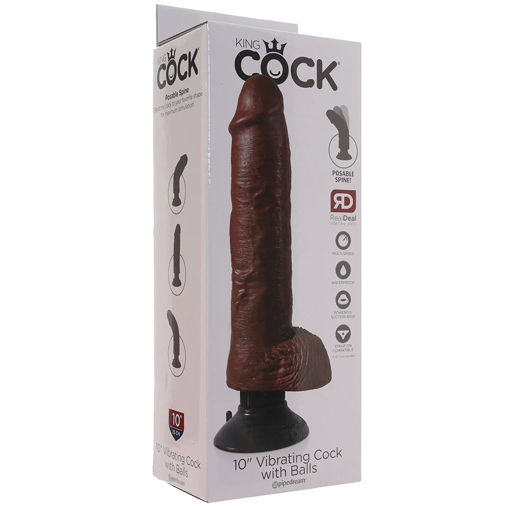 King Cock 10 Inch Vibrating Dildo with Balls in Brown – Winnipeg adult store – close-up view