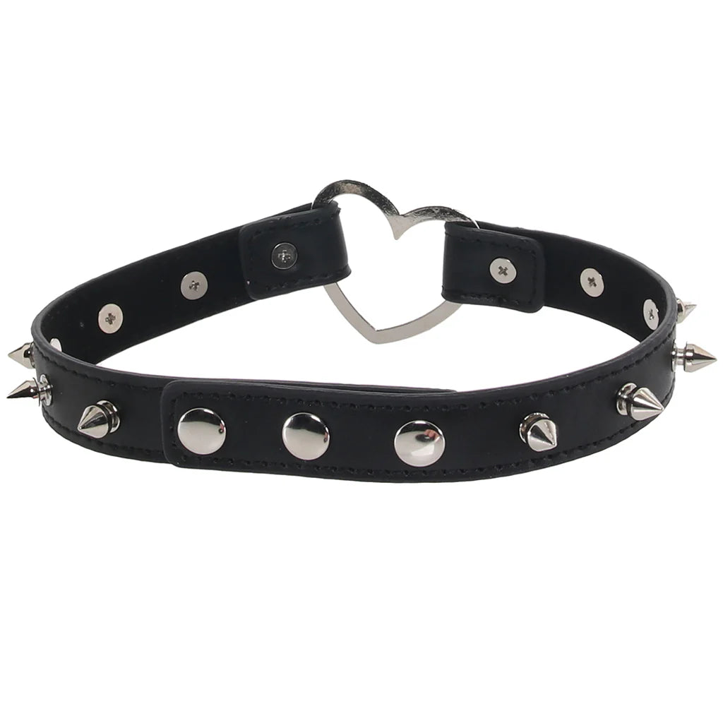 Master Series Spiked Heart Choker in Black – Winnipeg adult store – close-up view